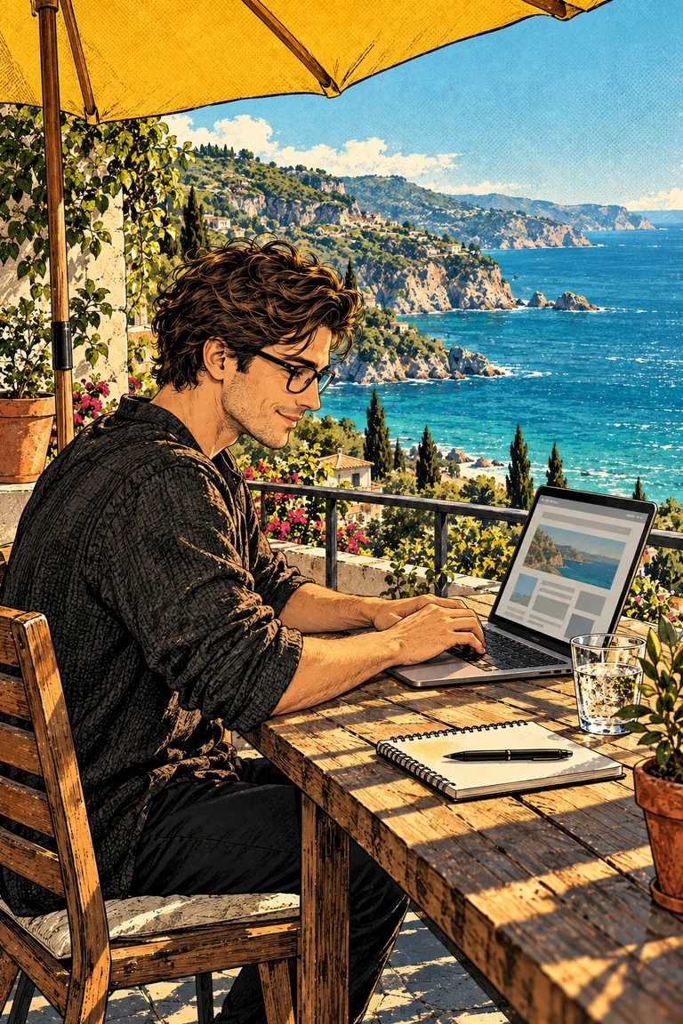 The builder creating a website from a sunlit terrace overlooking the sea