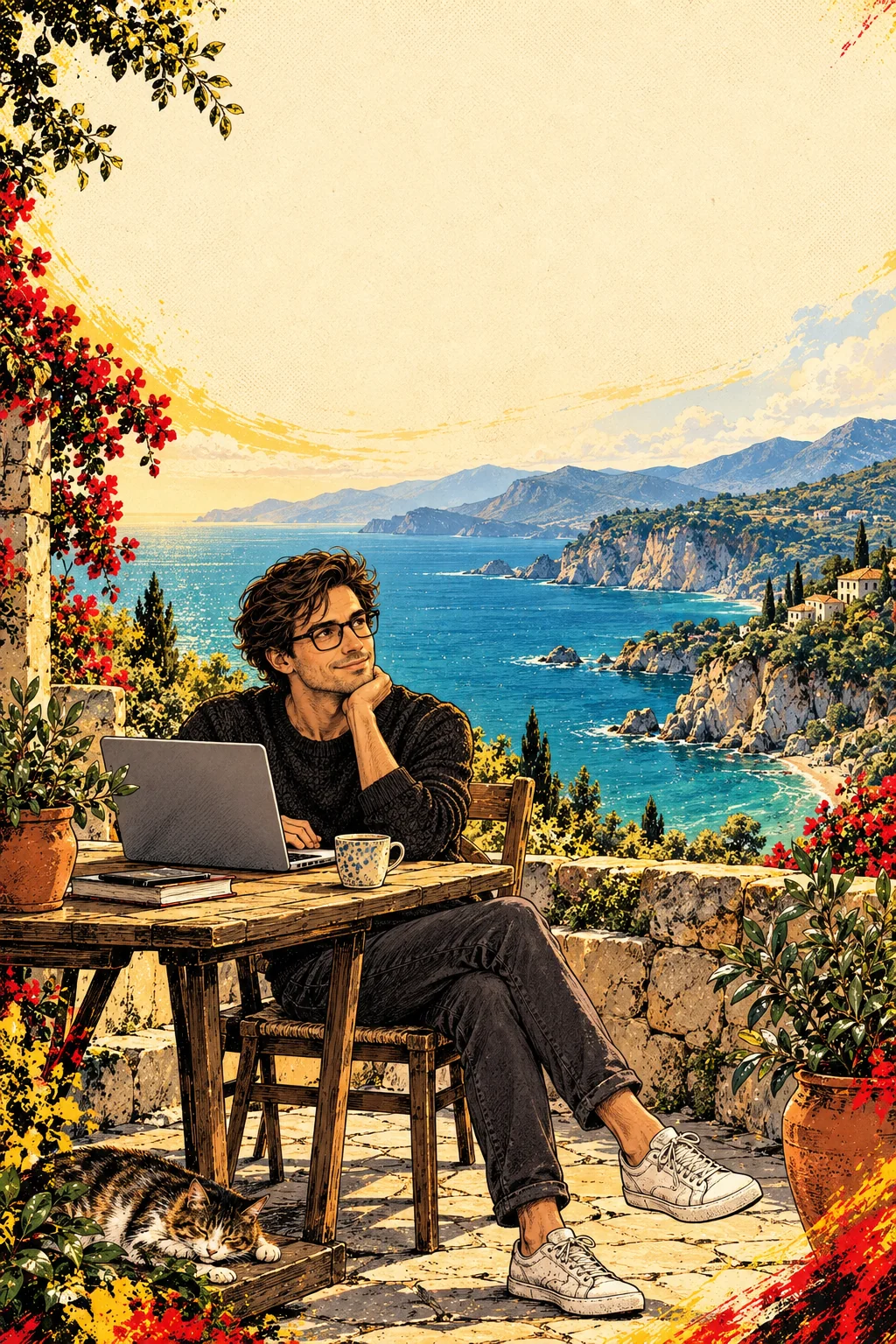 The builder working from a sunlit terrace above the sea—a new chapter on his own terms