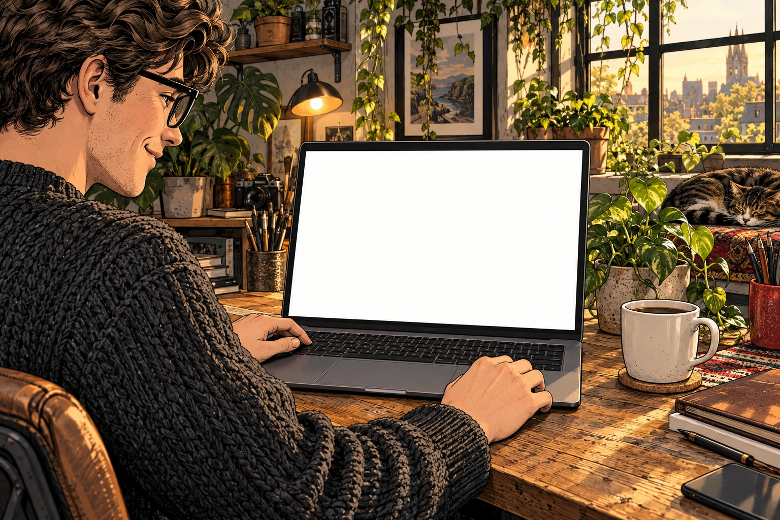 The builder turning a café brief into a website at his laptop